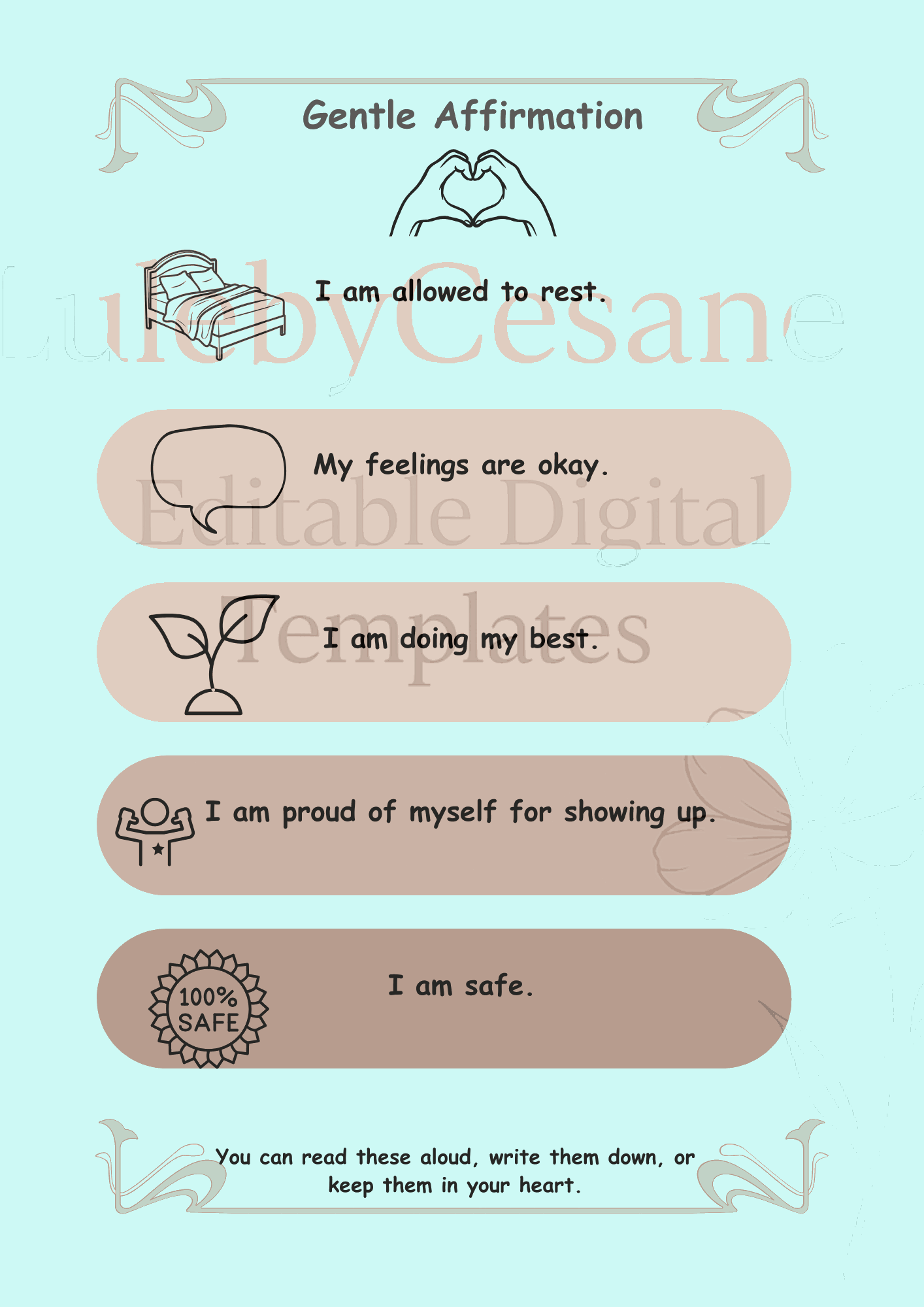 Gentle Affirmation page with positive statements: I am allowed to rest, My feelings are okay, I am doing my best, I am proud of myself for showing up, I am safe"