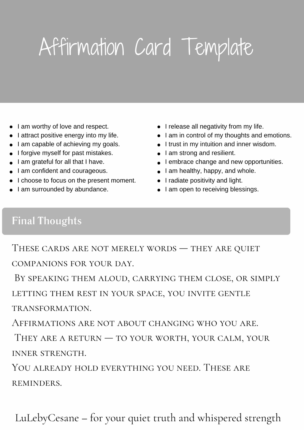 Daily Affirmation Cards - Digital Editable Version