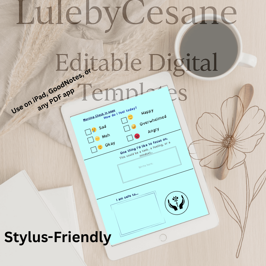 Emotional Clarity Journal digital template mockup showing morning check-in page with mood tracker